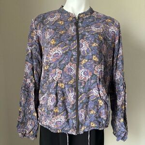 Free People Soft Printed Floral Bomber Jacket Medium Purple Balloon Sleeve Zip